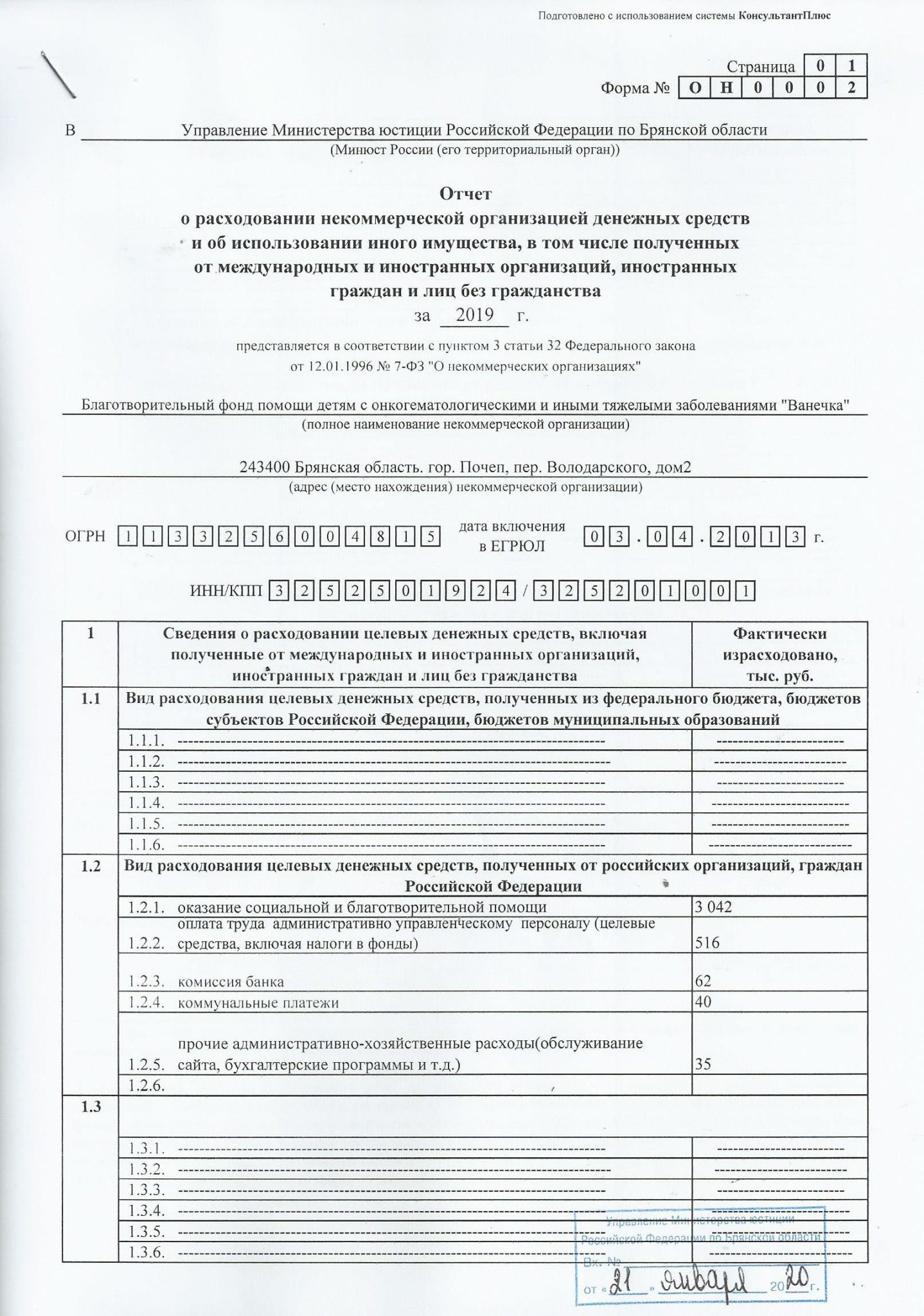 Отчет о благотворительной деятельности в минюст образец